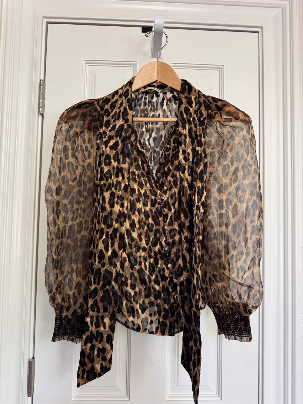 Alice + Olivia Leopard Tie-Neck Blouse - Brown/Black